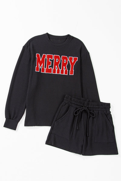 Women's Casual Black MERRY Graphic Long Sleeve Top and Shorts Set - Trendy Relaxed Fit for Effortless Style