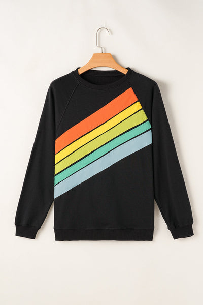 Womens Cozy Black Rainbow Colorblock Striped Pullover Sweatshirt - Casual Everyday Style for Comfort and Fashion