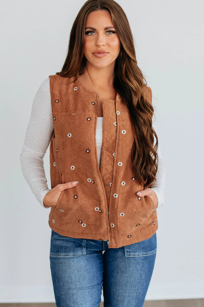 Stylish Women's Gold Flame Corduroy Zipped Vest with Floral Embroidery - Perfect Layering Essential for Every Season