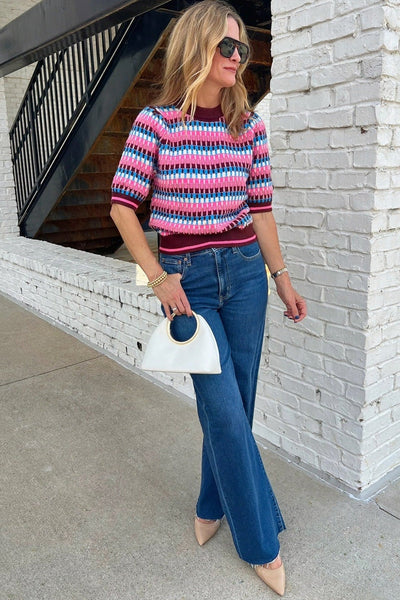 Women's Playful Pink Stripe Knit Sweater - Cozy Short Sleeve Top for Stylish Spring Casual Wear