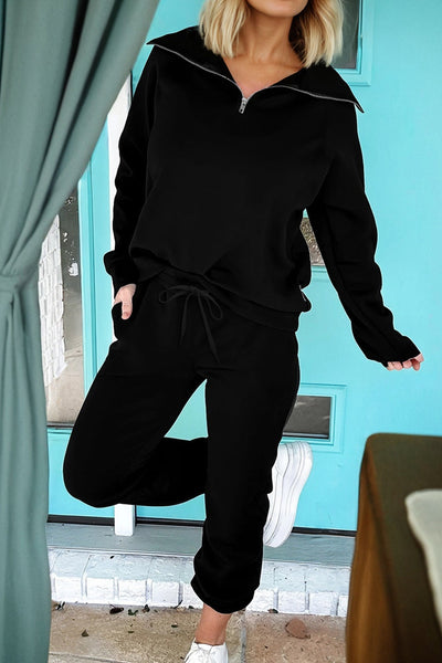 Stylish Women's Black Long Sleeve Zip Collar Top & Drawstring Pants Set for Effortless Comfort and Trendy Looks