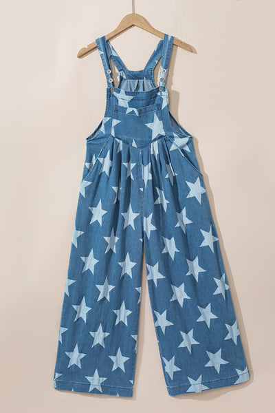 Women's Star Print Buttoned Strap Pleat Wide Leg Denim Overall
