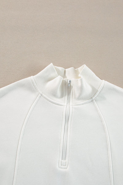 Cozy Women's White Zipped Neck Pullover Sweatshirt with Drop Shoulders - Effortless Casual Style for Everyday Comfort