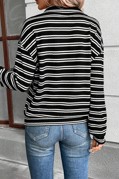 Women's Textured Black Striped Quarter Zip Long Sleeve Top - Stylish Fit for Casual Outings and Everyday Wear