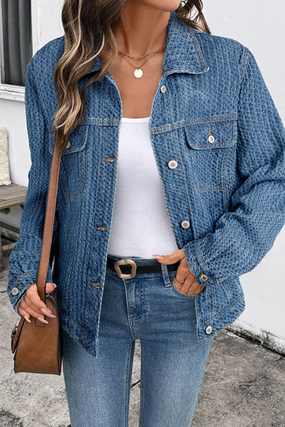 Women's Textured Basketweave Denim Jacket with Flap Pockets