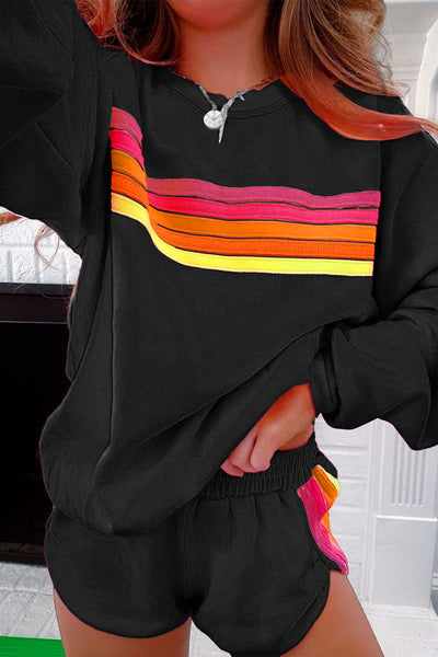 Women's Black Striped Pullover & Shorts Set - Chic Casual Two-Piece Outfit for Stylish Comfort and Everyday Wear