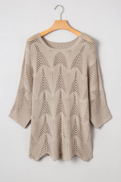 Women's Relaxed Fit Crochet Sweater in Soft Beige - Trendy Hollow Out Knit Top for Spring and Summer Fashion