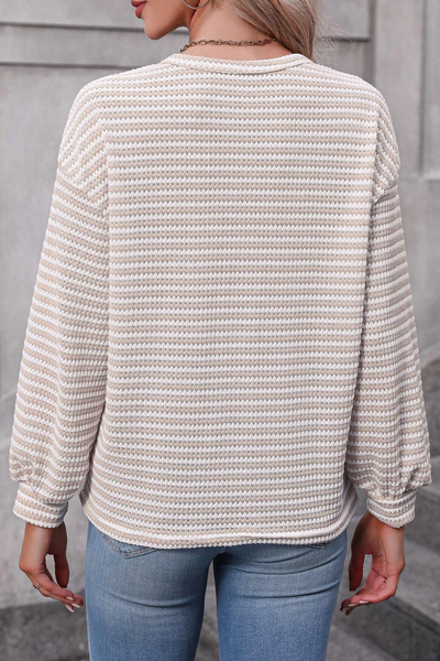 Women's Casual Khaki Stripe Long Sleeve Drop Shoulder Tunic - Effortless Round Neck Top for Everyday Style