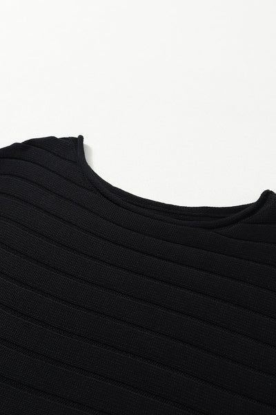 Stylish Women's Black Ribbed Dolman Top with Exposed Seams - Comfortable Everyday Wear for Effortless Chic