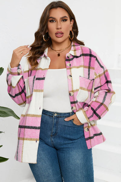 Chic Women's Pink Plaid Jacket - Cozy Casual Outerwear for Trendy Fall and Winter Looks