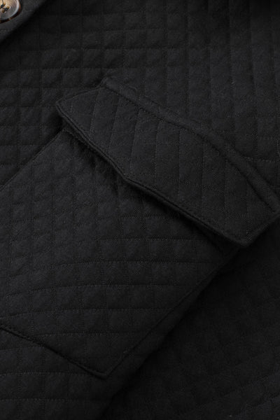 Women's Black Retro Quilted Shacket with Flap Pockets - Chic Button-Up Overshirt for Effortless Casual Style