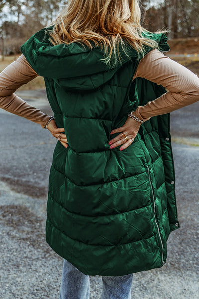 Stylish Women's Green Hooded Long Quilted Vest Coat - Cozy Outerwear for Chic Fall and Winter Looks