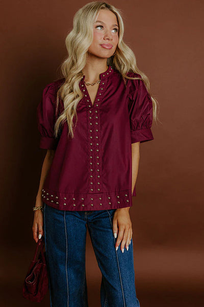 burgundy puff sleeve blouse for women chic v-neck top with rivet details for effortless style and comfort with practical styling and dependable