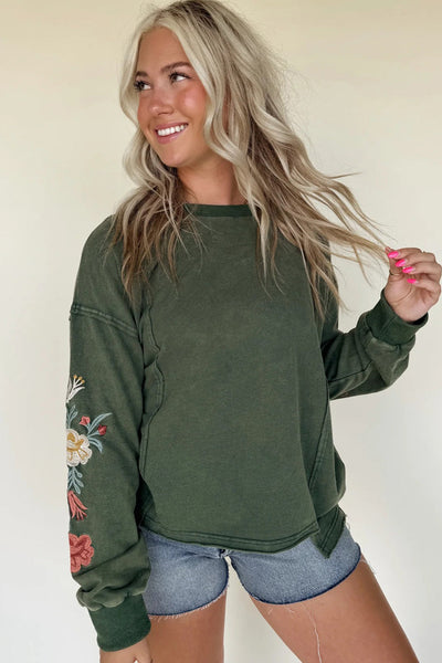 Women's Casual Mist Green Floral Embroidered Sweatshirt with Drop Shoulders and Raw Edge Detail