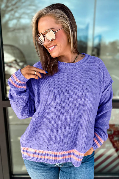 Plus Size Women's Cozy Wisteria Striped Trim Drop Shoulder Knit Sweater - Relaxed Fit for Effortless Everyday Style