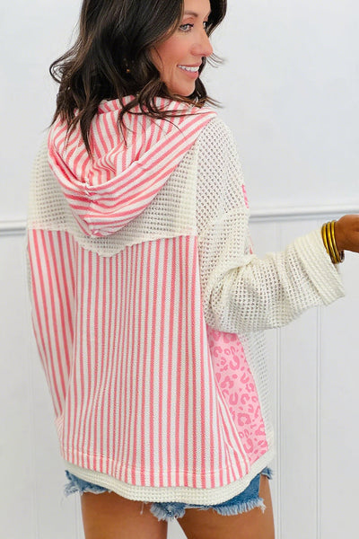 Women's Casual Pink Striped Leopard Print Knit Hoodie - Relaxed Fit Long Sleeve Top for Everyday Comfort and Style