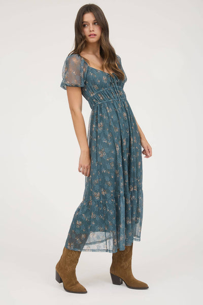 Twilight Garden Dress | Chiffon Puff Sleeve Midi Dress