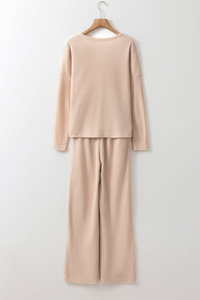 Cozy Women's Parchment Textured Long Sleeve Lounge Set with Pants - Stylish Casual Outfit for Relaxation and Comfort