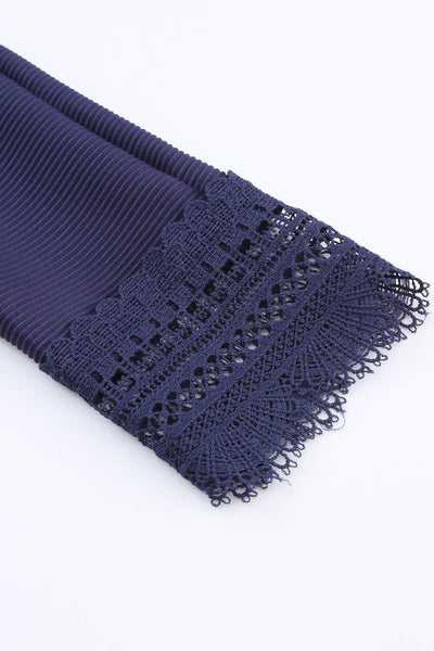 Stylish Women's Blue Ribbed Long Sleeve V-Neck Top with Lace Trim for Comfortable Everyday Wear