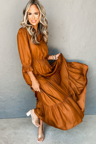 Elegant Women's Gold Flame Tiered Maxi Dress with Flounce Sleeves & V-Neck - Perfect for Summer Events and Parties