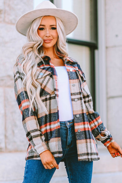 Women's Stylish Khaki Geometric Plaid Shacket with Pockets - Perfect Layering Piece for Fall & Winter Fashion