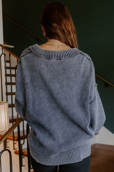 Women's Relaxed Fit Navy Blue V-Neck Knit Sweater with Drop Shoulders and Exposed Seams - Mineral Wash Style