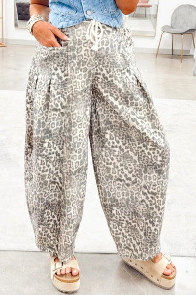 trendy women's gray leopard print pleated jeans with pockets and adjustable drawstring for ultimate comfort and style with practical styling and