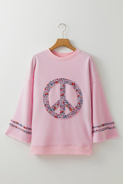 Light Pink Floral Peace Sign Drop Shoulder T-Shirt for Women - Casual Wide Sleeve Top for Effortless Style and Comfort