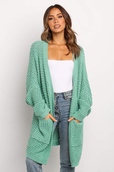 Cozy Women's Green Long Knit Cardigan with Pockets - Stylish Open Front for Effortless Layering and Everyday Comfort