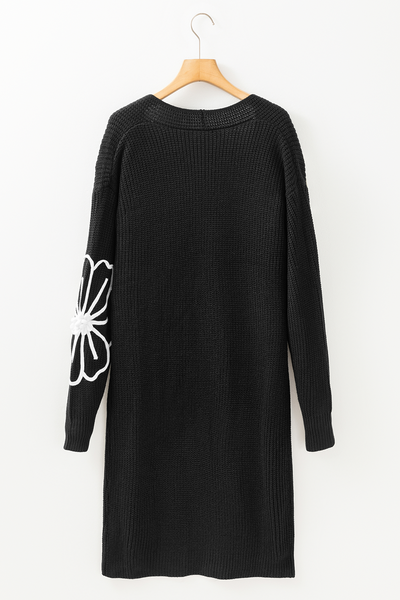 Chic Black Flower Embroidered Duster Cardigan for Women - Stylish Open Front, Drop Shoulder, Perfect for Layering