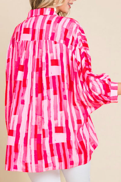 Women's Casual Pink Abstract Print Batwing Sleeve Shirt - Trendy, Comfortable Top for Everyday Fashion