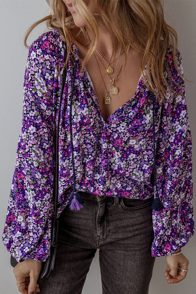 Women's Trendy Purple Boho Floral Blouse with Split V-Neck & Bubble Sleeves - Stylish, Comfortable Fashion Top