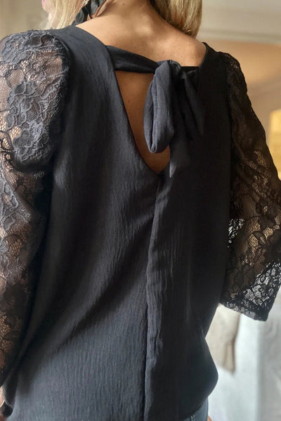 Chic Black Lace Patchwork Blouse for Women - 3/4 Sleeves & V-Neck - Versatile Top for Casual or Dressy Events