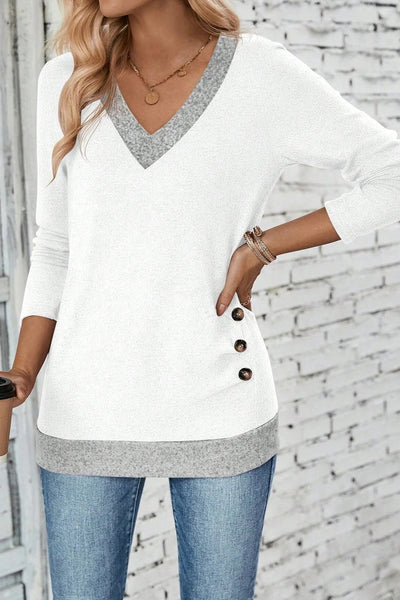 Women's White V-Neck Colorblock Top with Ruched Button Detail