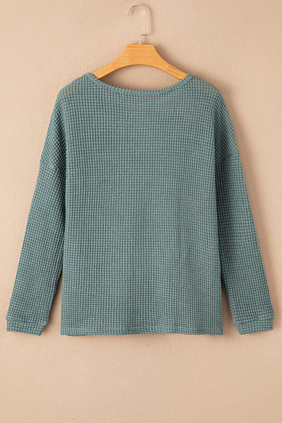 Women's Cozy Green Waffle Knit Long Sleeve Top with Drop Shoulders Casual Chic Style for Effortless Everyday Wear