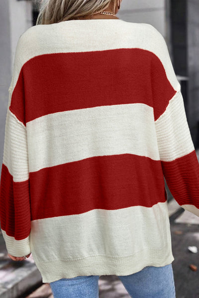 Women's Red Stripe Color Block V-Neck Sweater with Bubble Sleeves