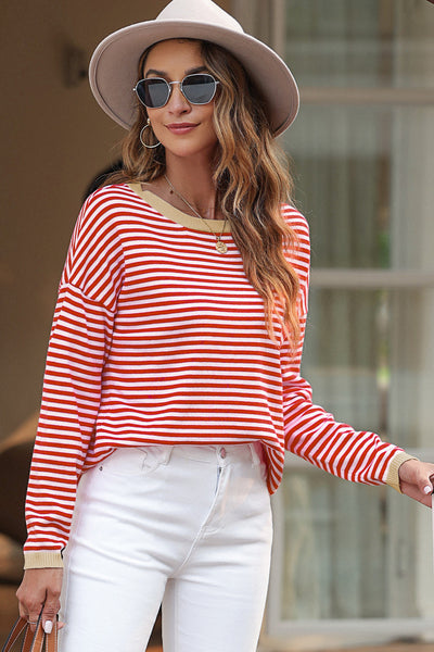 Trendy Women's Fiery Red Striped Drop Shoulder Sweater with Contrast Trim and Relaxed Fit for Effortless Style