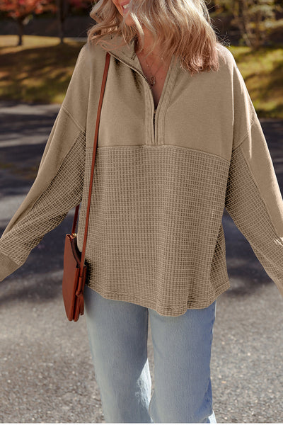 Women's Cozy Parchment Waffle Knit Half-Zip Sweatshirt - Stylish Patchwork Design for Effortless Casual Chic