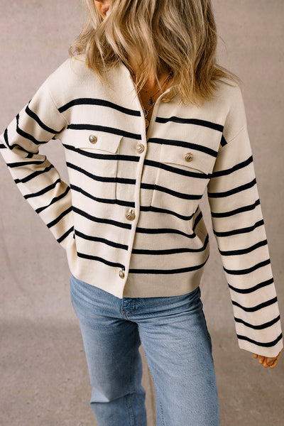 Stylish Women's Black Striped Cardigan Sweater with Flap Pockets and Button Closure for Effortless Layering
