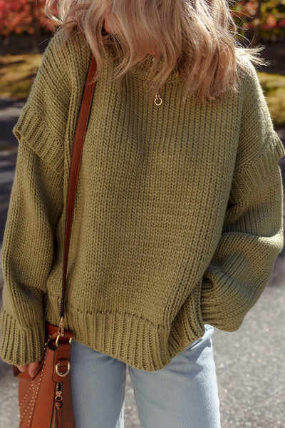 Cozy Guacamole Green Ruffled Sweater for Women - Relaxed Fit Chunky Knit for Effortless Style and Comfort