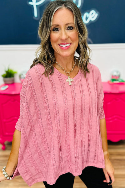 Elegant Women's Peach Blossom Lacy Striped 3/4 Sleeve Dolman Blouse - Chic Lightweight Top for Spring & Summer Styles