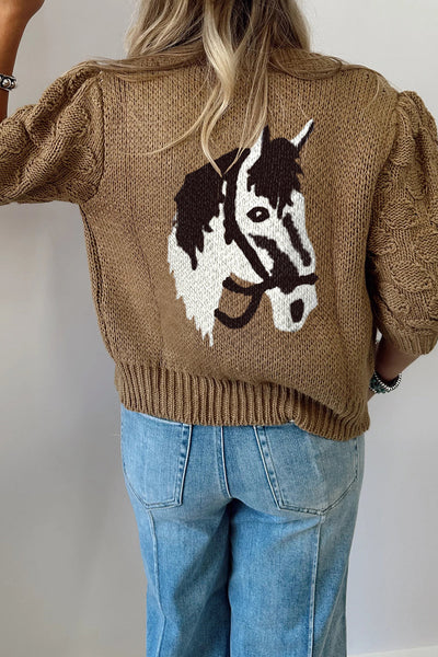 Cozy Women's Elmwood Cardigan with Puff Sleeves, Western Horse Print, Textured Knit, Perfect for Fall Layering