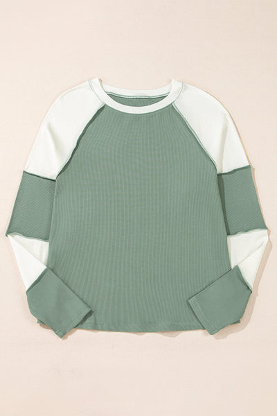 Women's Mint Green Ribbed Colorblock Long Sleeve Top - Trendy Casual Style with Relaxed Fit and Cozy Comfort