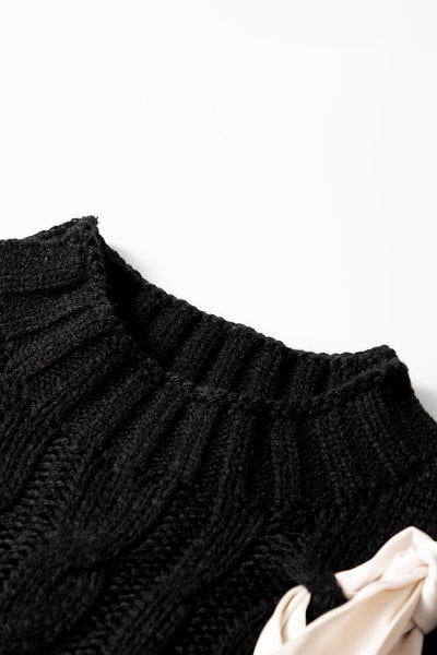 Chic Women's Black Cable Knit Colorblock Sweater with Satin Bow - Short Sleeve Casual Top for Stylish Everyday Looks