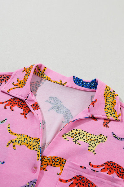 Women's Pink Cheetah Print Pajama Set - Trendy Sleepwear Top & Pants for Cozy Lounging and Relaxation