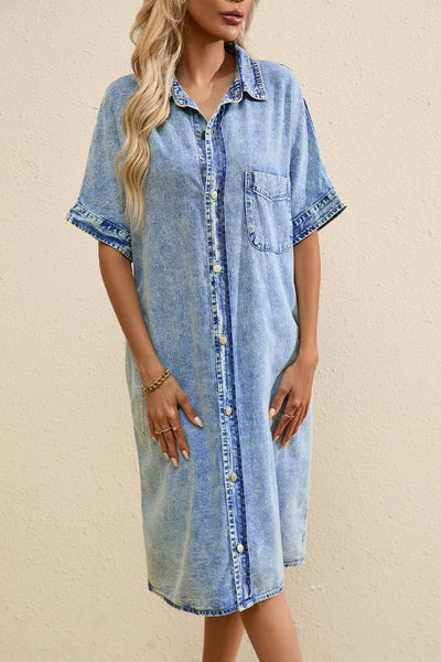 Women's Retro Short Sleeve Denim Midi Shirt Dress