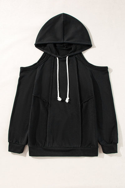 Trendy Women's Black Cold Shoulder Hoodie with Exposed Seams & Adjustable Drawstring for Casual Chic Comfort