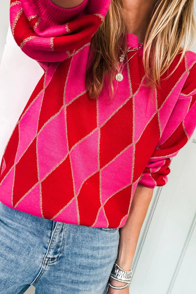 Stylish Women's Rose Red Glitter Knit Sweater with Rhombus Design for Casual Everyday Fashion made for easy styling and wardrobe coordination, with