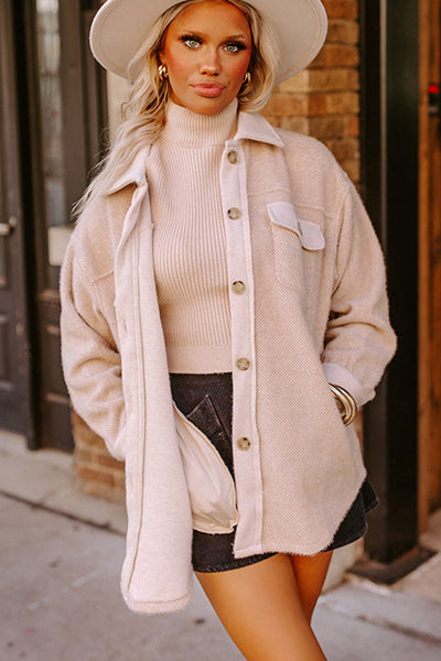 Women's Casual Parchment Shacket with Flap Pockets and Rounded Hem - Effortless Button-Up Style for Everyday Wear