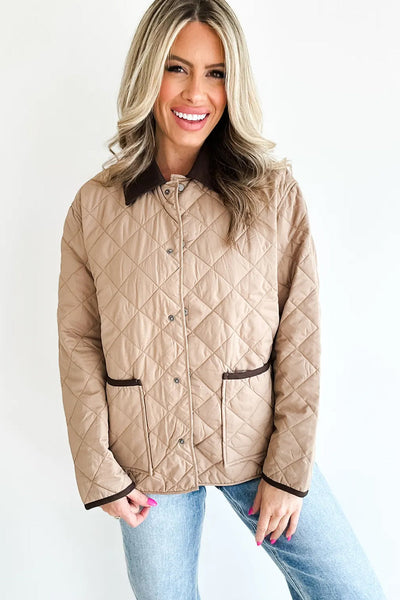 Cozy Women's Color Block Quilted Winter Jacket in Parchment with Snap Buttons and Pockets for Chic Warmth